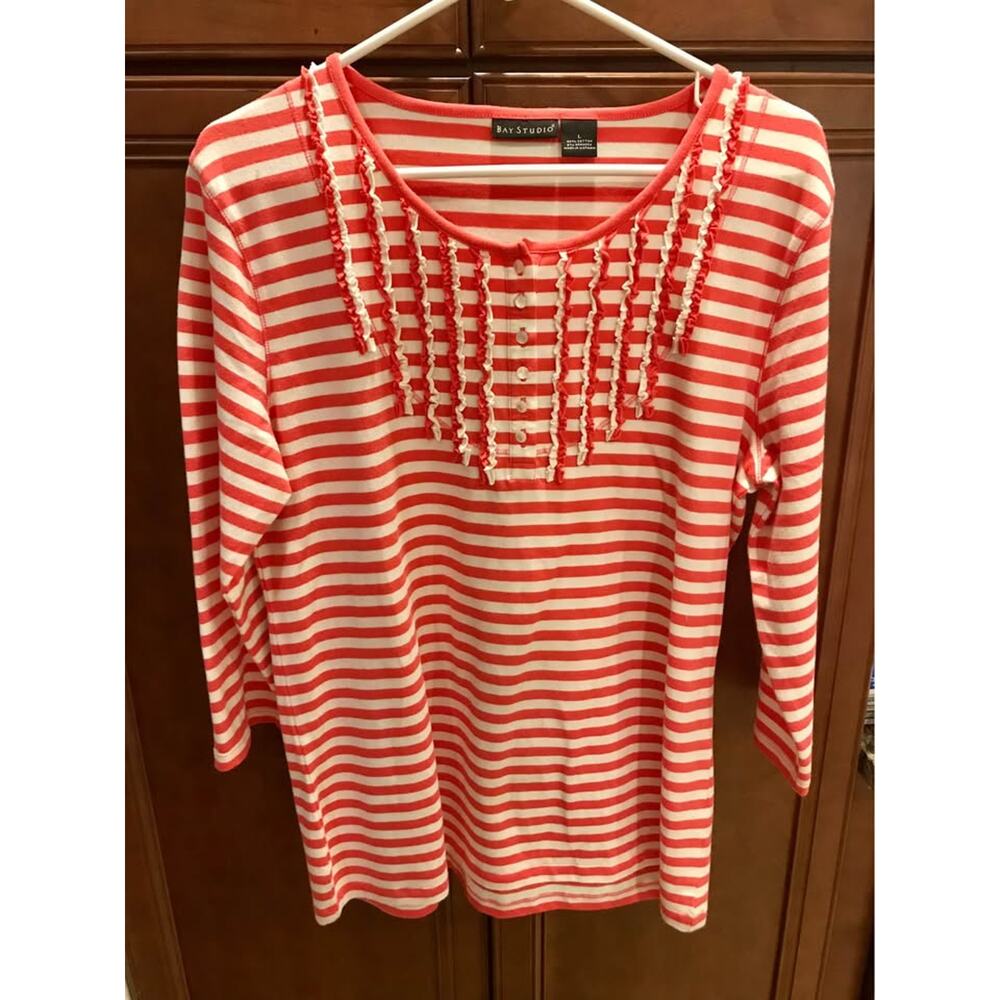 EUC Bay Studio Cotton 3/4 Sleeve Pullover Coral & White Stripe Shirt - Women's L